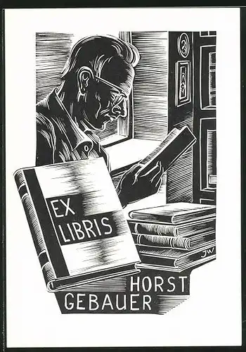 Exlibris Horst Gebauer, Herr mit Brille liest ein Buch