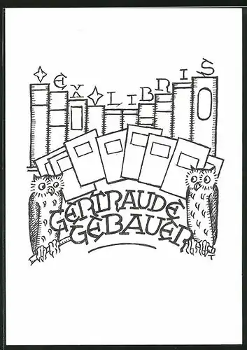 Exlibris Gertraude Gebauer, Euleen vor Bücherregal sitzend