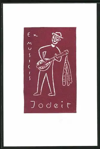 Exlibris von Franz Grickschat für Jodeit, Musiker spielt auf seiner Laute