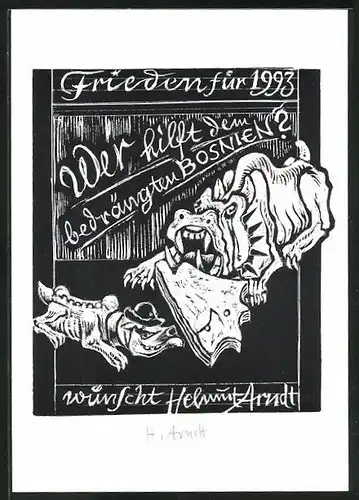 Exlibris Helmut Arndt, Wer hilf dem bedrängten Bosnien, Dämonen zerfleischen das Land
