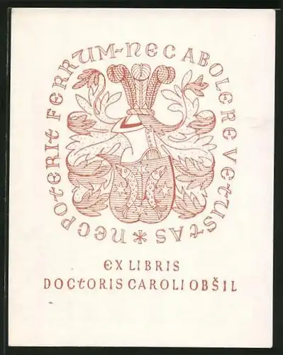 Exlibris Doctoris Caroli Obsil, Wappen mit Fischen & Ritterhelm