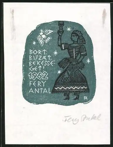 Exlibris Fery Antal, Dame in Tracht hebt Weinglas empor
