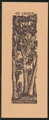 Exlibris von J. Mercier für Mariano Rugale, Paar zwischen Bäumen im Jungle