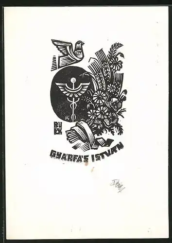 Exlibris Istvan Gyarfas, Vogel fliegt über Blumenstrauss & Hermesstab