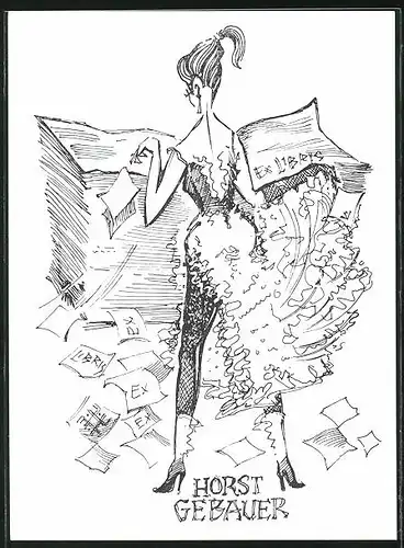 Exlibris Horst Gebauer, Dame sortiert Grafiken und Dokumente