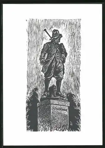 Exlibris Blanko, Vagabund mit Buch auf Sockel stehend