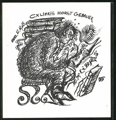 Exlibris Horst Gebauer, Herr auf Hocker sitzend liest ein Buch
