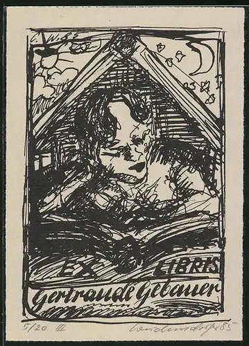 Exlibris Gertraude Gebauer, Dame vor Dachgiebel liest ein Buch