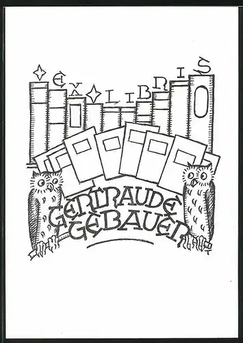 Exlibris Gertraude Gebauer, Eulen sitzen vor Bücherregal