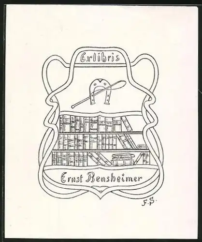 Exlibris Ernst Bensheimer, Hufeisen & Reitgerte über einem Bücherregal