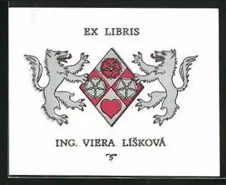 Exlibris von Z.G. Alexy für Ing. Viera Liskova, Wappen von Wölfen flankiert