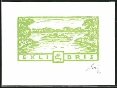 Exlibris von Franz Grickschat für Franz Grickschat, Landschaft mit Gewässer & Insel, Initialen G.F.