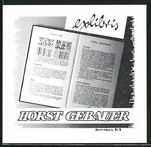 Exlibris Horst Gebauer, offenes Lehrbuch mit Geometrischen Figuren