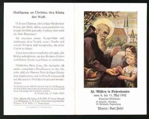 Klapp-Heiligenbild Kutzenhausen, Hl. Mission 1952, Heiliger verteilt Äpfel