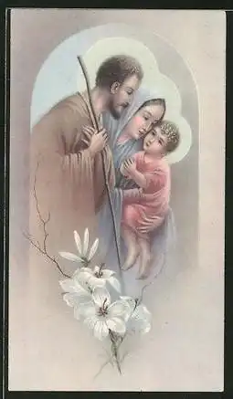 Heiligenbild Maria und Josef mit dem Christuskind und weissen Lilien