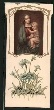 Heiligenbild Maria mit dem Kinde, Kornblumen, rückseitig Bibelzitat