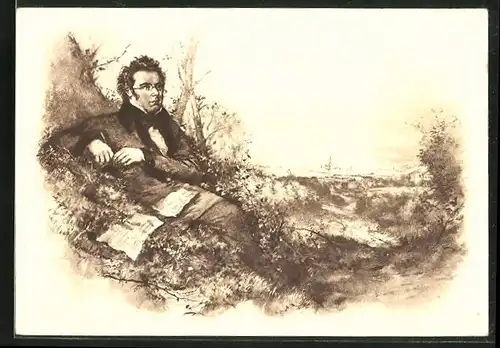Künstler-AK Franz Schubert im Grünen beim Komponieren
