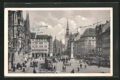 AK München, Strassenbahnhaltestellen am Marienplatz