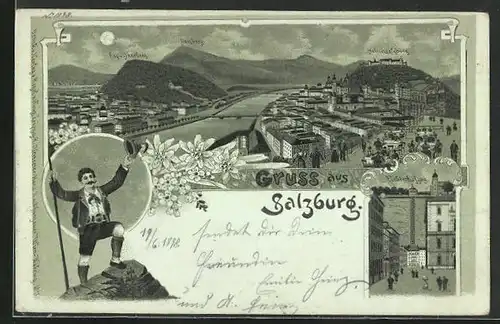 Mondschein-Lithographie Salzburg, Panorama mit Gaisberg, Kapuzinerberg und Hohensalzburg, Elektr. Aufzug