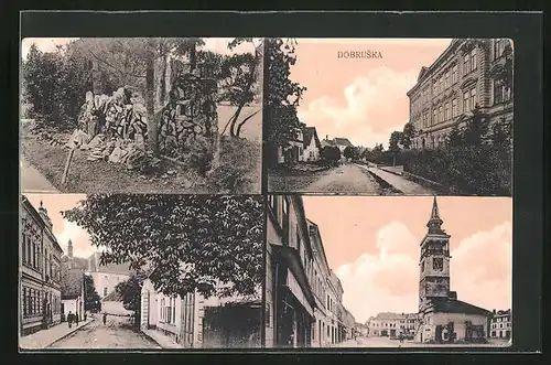 AK Dobruska, Kirche, Strassenpartie mit Gebäudeansicht, Ortspartie