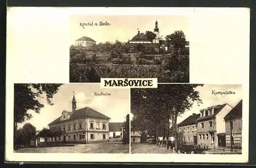 AK Marsovice, Kostel a skola, Radnice, Kampelicka