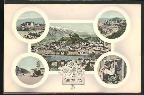 AK Salzburg, Strassenpartie, Panorama mit Hohensalzburg