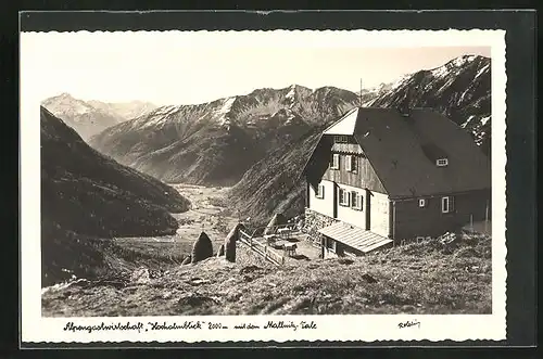 AK Mallnitz, Alpengasthof Hochalmblick mit Blick auf den Ort im Tal