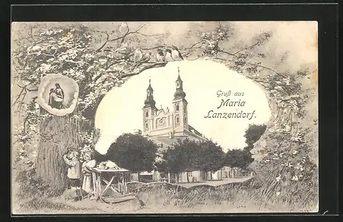 AK Maria Lanzendorf, Ortspartie mit Kirche