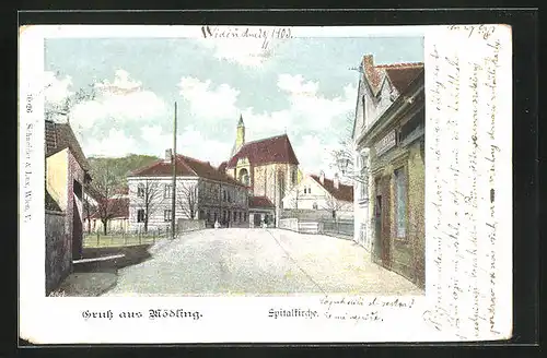 AK Mödling, Strassenpartie mit Spitalkirche