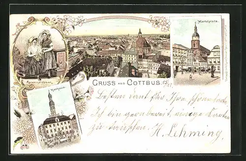 Lithographie Cottbus, Rathaus, Marktplatz, Spreewaldpaar, Panorama