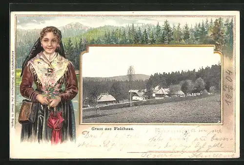 Passepartout-Lithographie Waldhaus, Ortspartie mit Waldstück, Dame in Tracht
