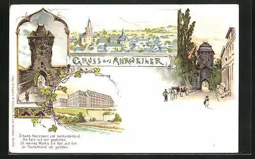 Lithographie Ahrweiler, Strasse am Tor, Panorama mit Kirche