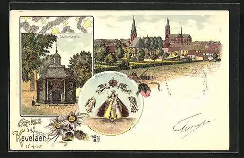 Lithographie Kevelaer, Gnaden-Kapelle, Mutter Gottes, Panorama mit Kirche