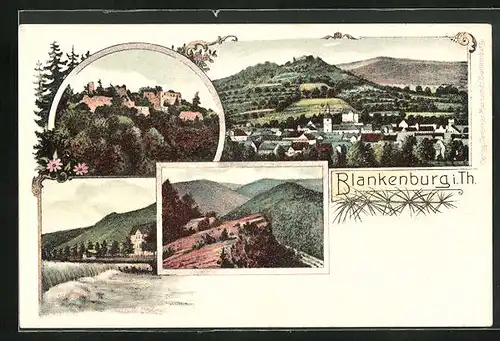 Lithographie Blankenburg i. Th., Totalansicht, Flusslauf mit Wehr