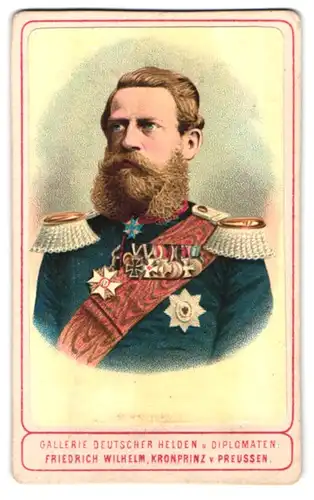 CDV-Lithographie unbekannter Fotograf und Ort, Portrait Kronprinz Friedrich Wilhelm III. v. Preussen in Uniform m. Orden