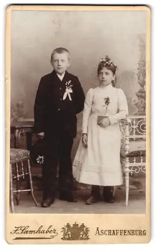 Fotografie J. Samhaber, Aschaffenburg, Portrait Junge und Mädchen in Kommunionskleidung