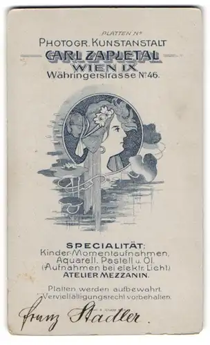 Fotografie Carl Zapletal, Wien, Währingerstr. 46, Portrait Frauenkopf im Jugendstil mit Seerosenblättern