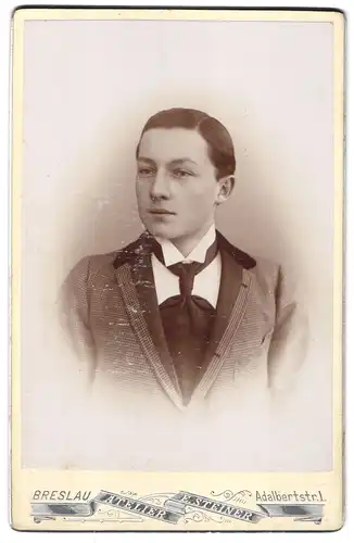 Fotografie E. Steiner, Breslau, Adalbertstrasse 1, Portrait junger Herr im karierten Anzug mit Krawatte