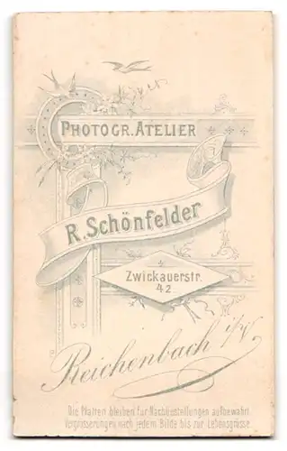 Fotografie R. Schönfelder, Reichenbach i /V., Zwickauerstrasse 42, Portrait junge Dame mit zurückgebundenem Haar