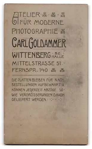 Fotografie Carl Goldammer, Wittenberg /Bez. Halle, Mittelstrasse 51, Portrait junger Herr im Anzug mit Krawatte