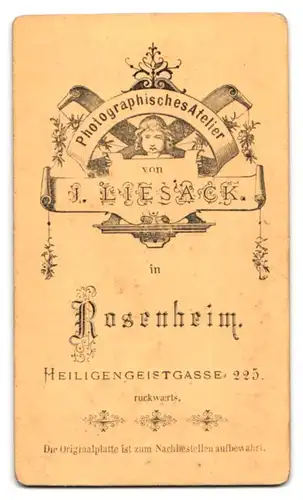 Fotografie J. Liesack, Rosenheim, Heiligengeistgasse 225, Portrait Dame im Biedermeierkleid mit Kette und Ohrringen