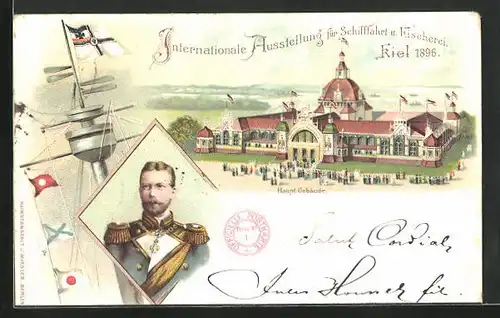 Lithographie Kiel, Intern Ausstellung für Schifffahrt & Fischerei 1896, Hauptgebäude, Porträt Prinz Heinrich von Preussen