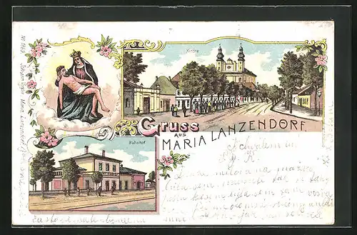 Lithographie Maria Lanzendorf, Kirche, Bahnhof, Gnadenbild