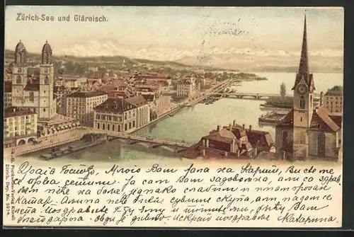 Lithographie Zürich, Ortspartie mit See und Glärnisch