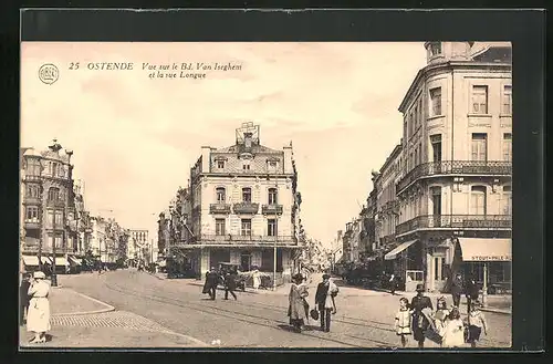 AK Ostende, Vue sur le Bd. Van Iseghem et la rue Longue