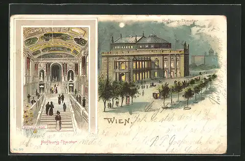 Lithographie Wien, Burgtheater im Mondschein, Hauptstiege