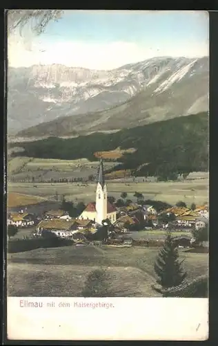 AK Ellmau, Teilansicht mit Kirche und Kaisergebirge