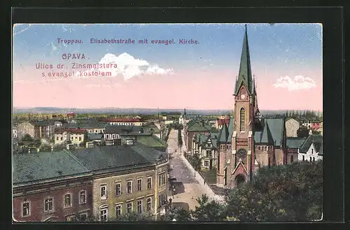 AK Troppau, Elisabethstrasse mit evangl. Kirche