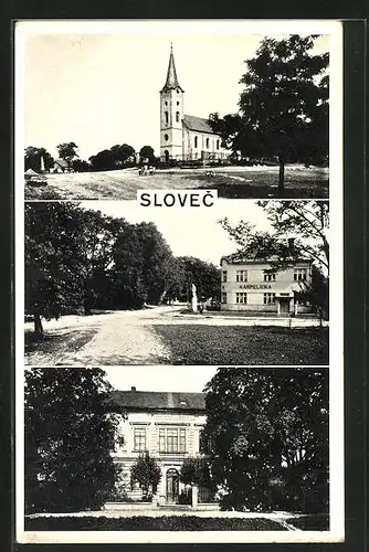 AK Slovec, Kirche, Gebäudeansicht, Ortspartie