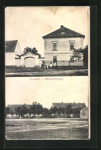 AK Trebestovice, Platz im Ort, Herrenhaus /Schlossgut